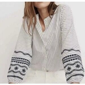 Madewell Puff Sleeve Embroidered Blouse Women's XS Navy White‎ Striped